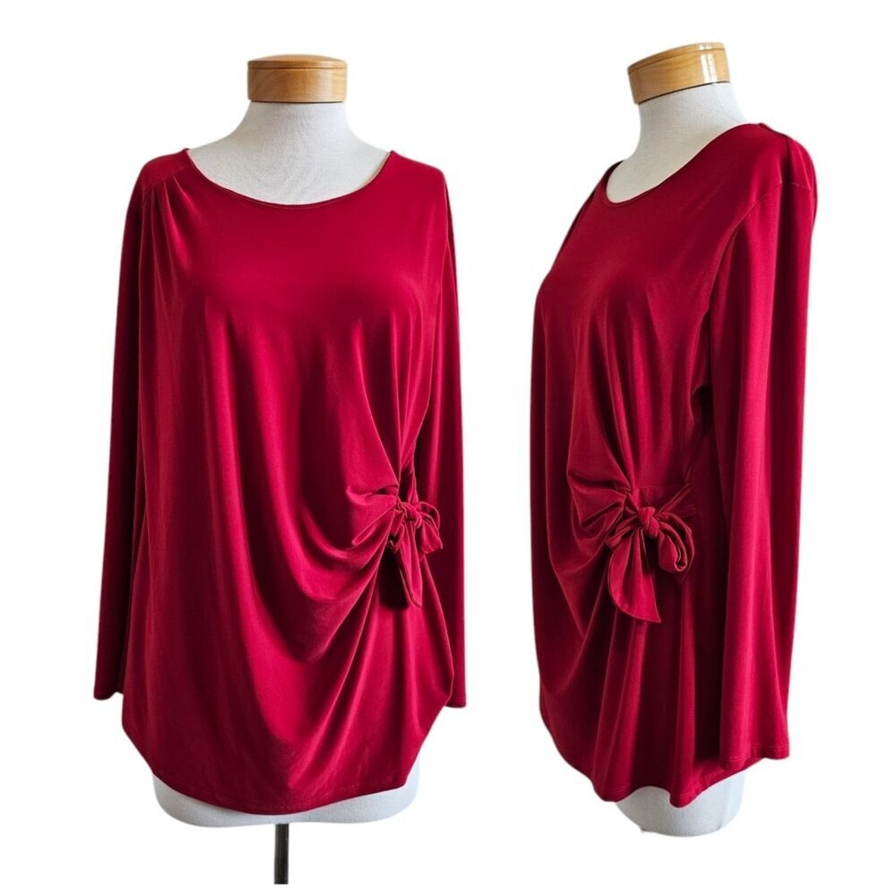 Ciara Sun Woo Apple Red Twist Knot Stretchy Slinky Long Sleeve Tunic Blouse 1X